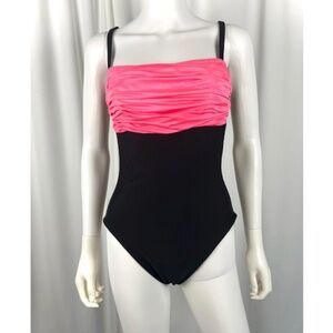 Vintage 1980’s ‘La Blanca’ Hot Pink + Black Rushed One Piece Bathing Suit • L/XL